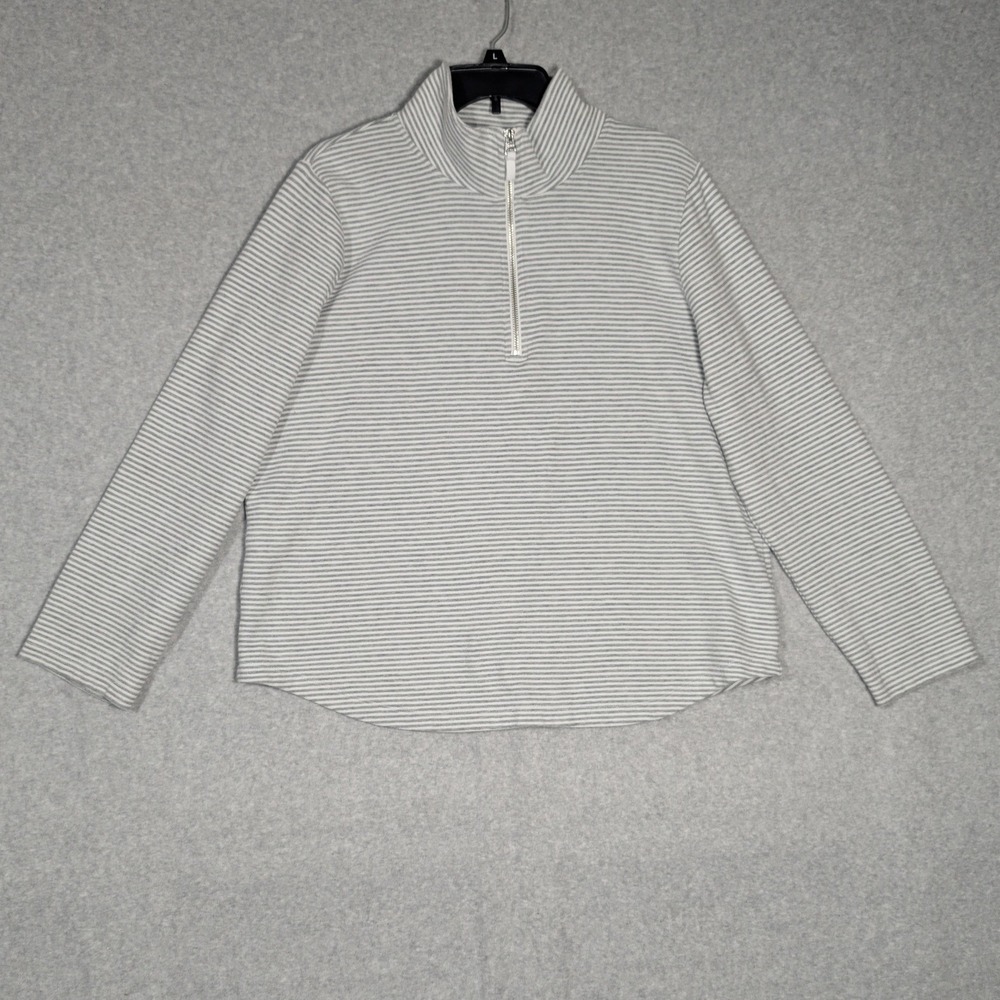 J.Crew Pullover Women XL Gray White Striped Quarter Zip Coastal Nautical Preppy